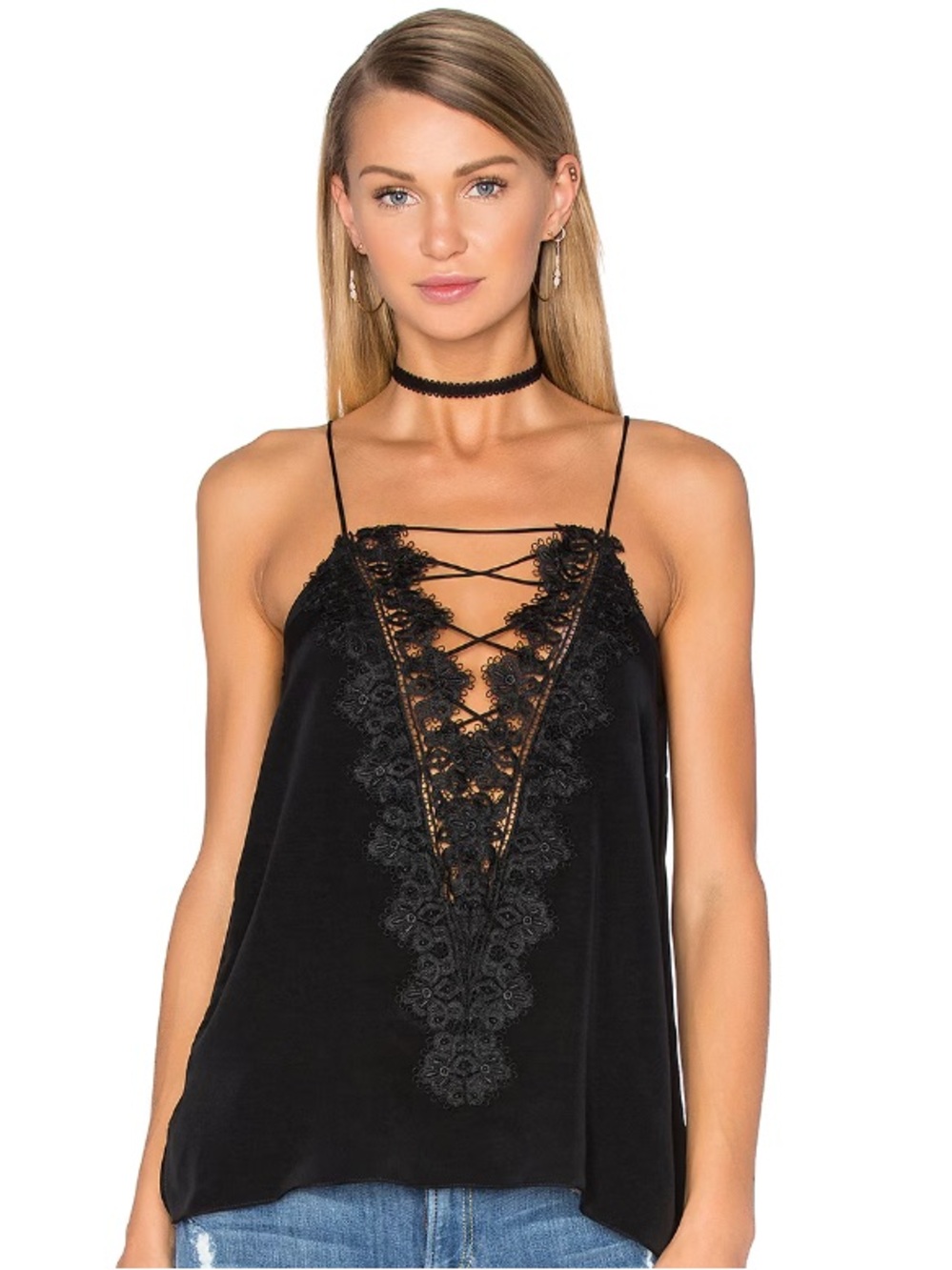 Cami NYC Black Silk Lace-Up V-Neck Cami